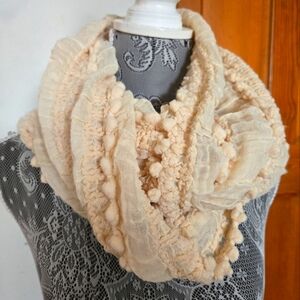NWT Infinity Eternity Loop Scarf Wear Three Ways Cream Off-White Ecru Pompoms